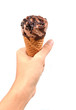 Hand holding ice cream chocolate white background
