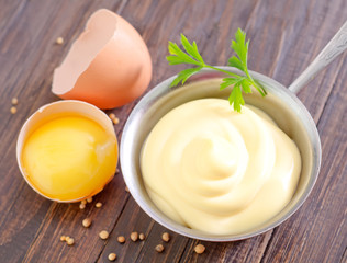 Poster - mayonnaise in metal spoon on wooden board