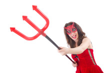 Woman As Red Devil In Halloween Concept