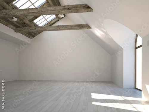 Naklejka na kafelki Empty white room with large windows and wooden beam