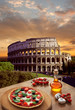 Colosseum with Italian pizza in  Rome, Italy