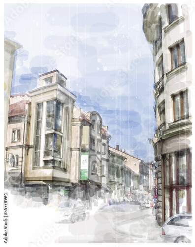 Obraz w ramie Illustration of city street. Watercolor style.