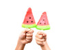Hands holding ice cream watermelon white background