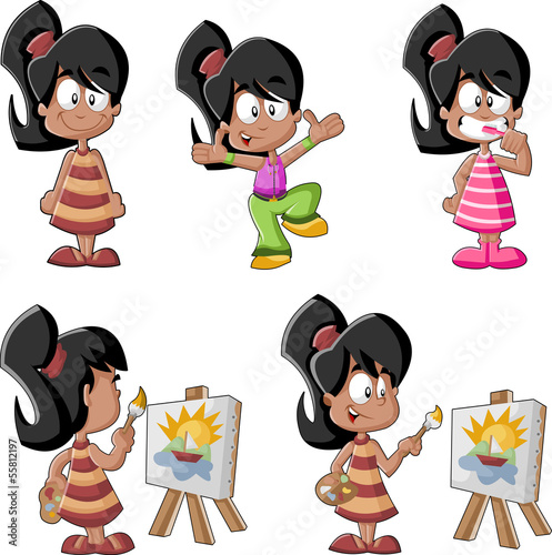 Cute cartoon latin girl dancing painting and brushing teeth