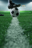 Fototapeta Sport - Close up of foot on top of soccer ball on the line, side view, stadium