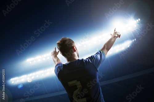 Fotografie, Obraz Soccer player with arms raised cheering, stadium at night time