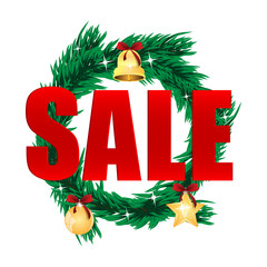 Sticker - christmas wreath decorated with christmas toys and the word sale