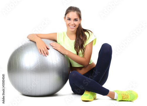 Foto-Kissen - Young beautiful fitness girl with grey ball isolated on white (von Africa Studio)