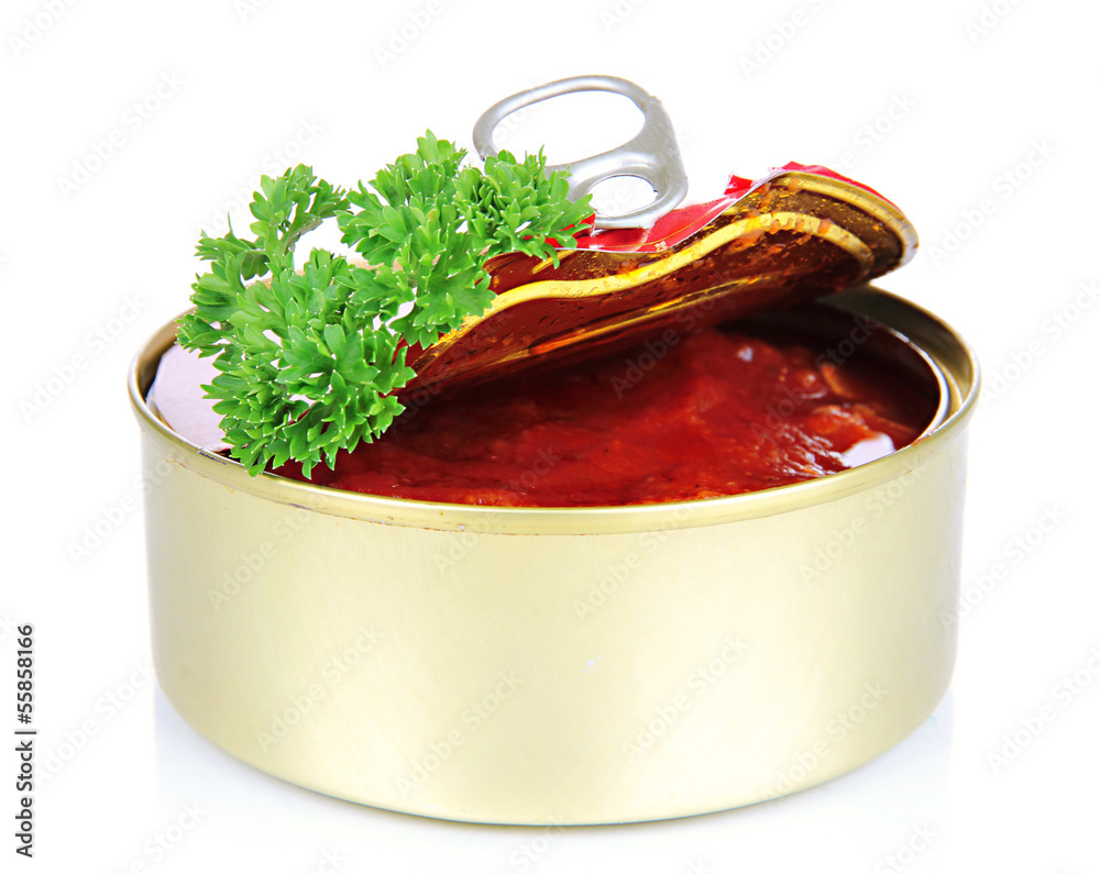 Open tin can with sardines and tomato sauce, isolated on white