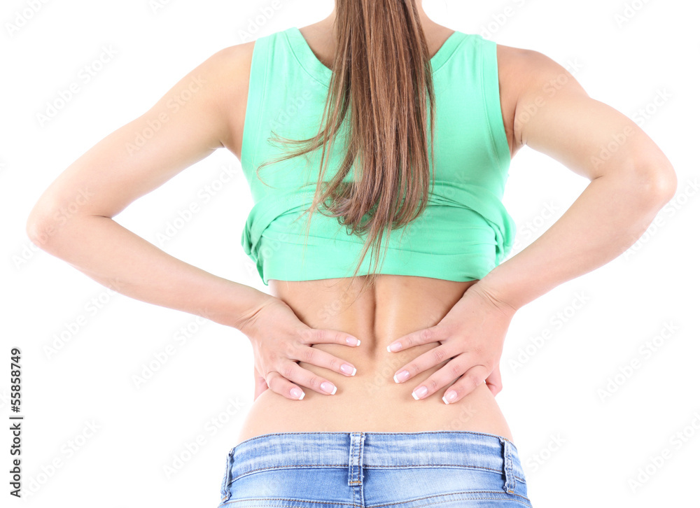 Back pain in young girls isolated on white