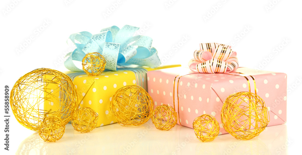 Gifts with christmas decorations, isolated on white