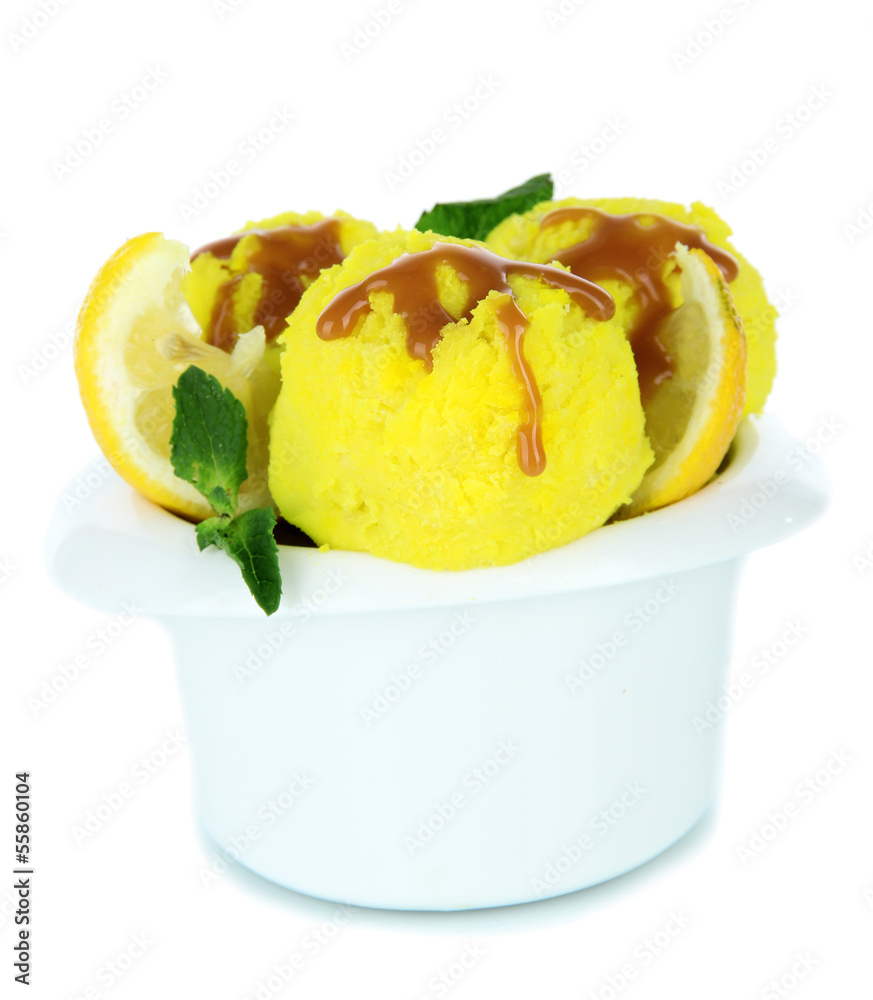 Tasty ice cream scoops in bowl, isolated on white