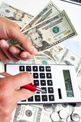 Aufkleber - Hand with calculator and money.