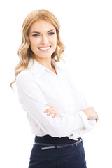 Wall Mural - Young cheerful business woman, on white