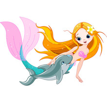 Cute Mermaid And Dolphin