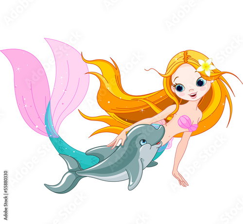 Naklejka dekoracyjna Cute Mermaid and dolphin