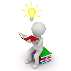Poster - 3d man sitting and reading book with idea bulb white background
