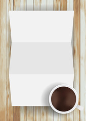 Poster - Vector coffee cup with folded paper wood background