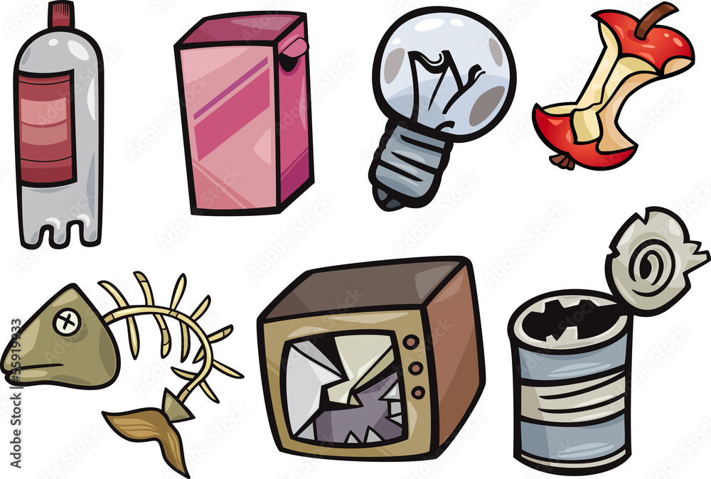 garbage objects cartoon illustration set Stock Vector | Adobe Stock