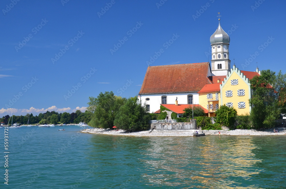 Malowniczy widok na Wasserburg nad jeziorem Bodeńskim, Niemcy - obrazy, fototapety, plakaty 