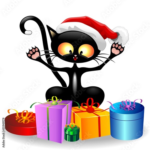 Cat Cartoon with Christmas Gifts-Gatto con Regali di Natale
