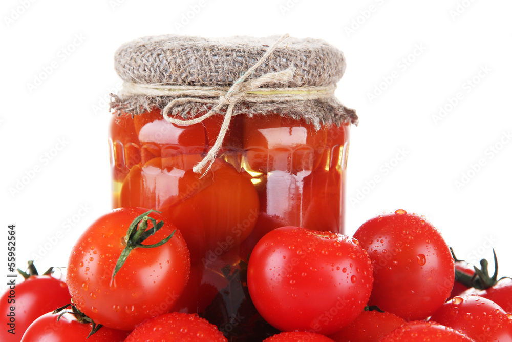 Tasty canned and fresh tomatoes, isolated on white