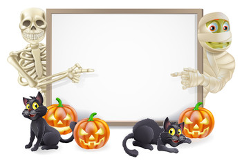 Poster - Halloween Sign with Skeleton and Mummy