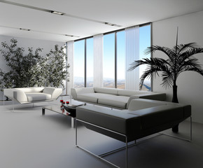 Wall Mural - Modern lounge interior with white sofas and ivy wall