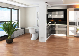 Luxury kitchen interior with floor to ceiling window