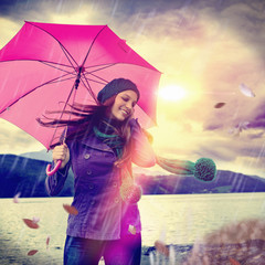 Wall Mural - a walk in the rain / pink umbrella 01