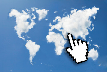 Digital icon hand click on world map cloud shape