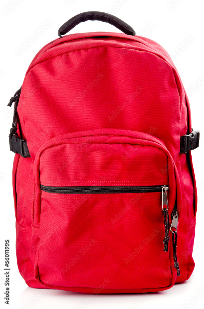 Obraz Red backpack standing on white background fototapeta, plakat