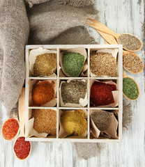 Wall Mural - Assortment of spices in wooden spoons and box,