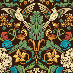 Wall Mural - Vintage seamless pattern. Birds in flowers in retro colors