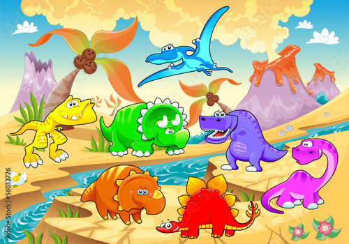 Naklejka na szybę Dinosaurs rainbow in landscape.