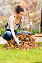 Young Woman Raking Dry Leaves Autumn Backyard