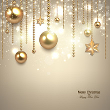 Elegant Christmas Background With Golden Baubles And Stars. Vect