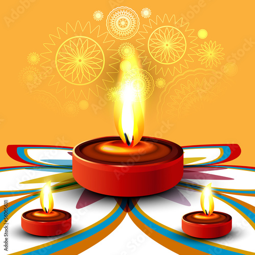 Happy Diwali Beautiful Diya Rangoli Colorful Hindu Festival Vect Wall Mural Shiny Designer