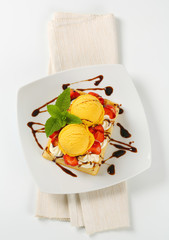 Wall Mural - Waffle with ice cream and strawberries