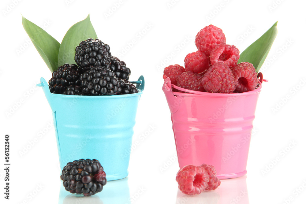 Ripe raspberries and blackberries in pail  isolated on white