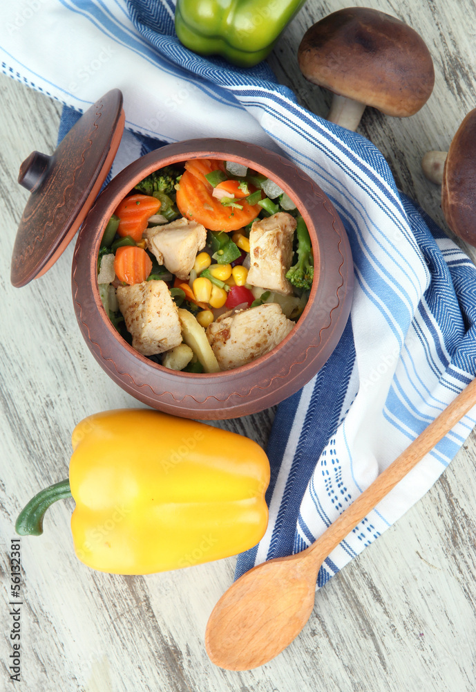 Baked mixed vegetable with chicken breast in pot,
