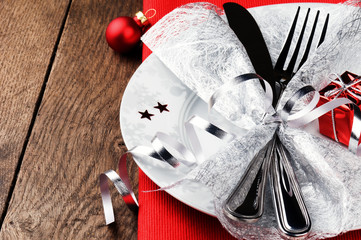 Christmas table setting in red tone