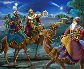 Illustration of the holy family and three kings