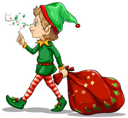 Wall Mural - A young elf dragging a sack of gifts