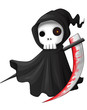 Cute cartoon grim reaper with scythe isolated on white