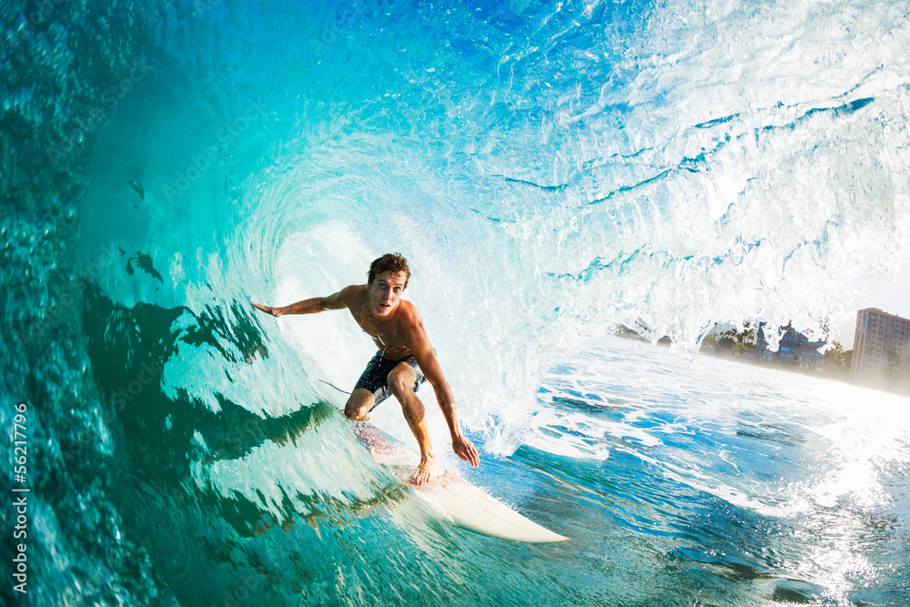 Surfer on Blue Ocean Wave in the Tube Getting Barreled - obrazy, fototapety, plakaty 