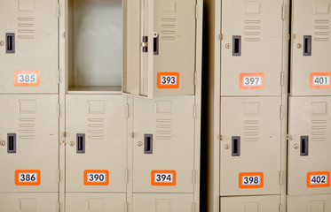 A wall of beige school lockers typical