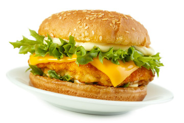 Wall Mural - Fish burger with mayonnaise on dish