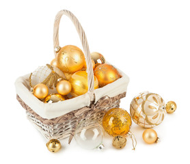 Wall Mural - Golden Christmas balls in wicker basket