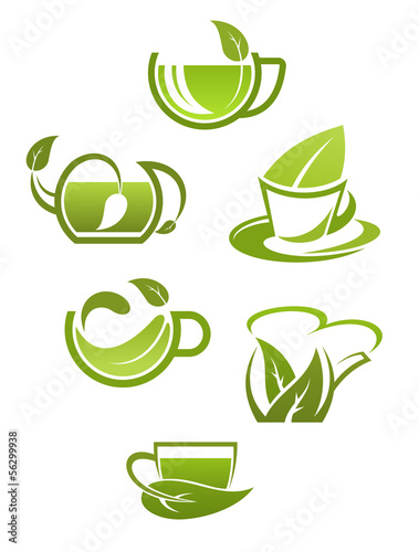 Naklejka dekoracyjna Herbal tea cups with green leaves